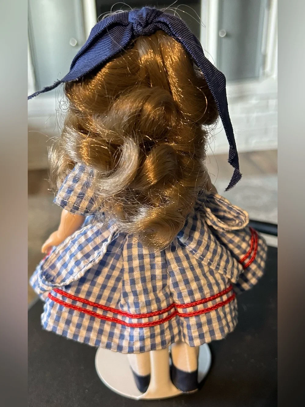Vintage Vogue Ginny Doll from the 1950s, blue & white gingham dress w/red ribbon